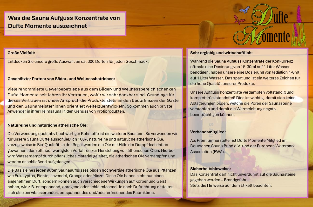 Dufte Momente | Saunaduft 8 x 250ml: Allgäuer Bergkräuter, Birke-Zitrone, Eukalyptus, Minze, Latschenkiefer, Orange, Saunamedizin (Kampfer, Zitrone), Lemongras | vegan