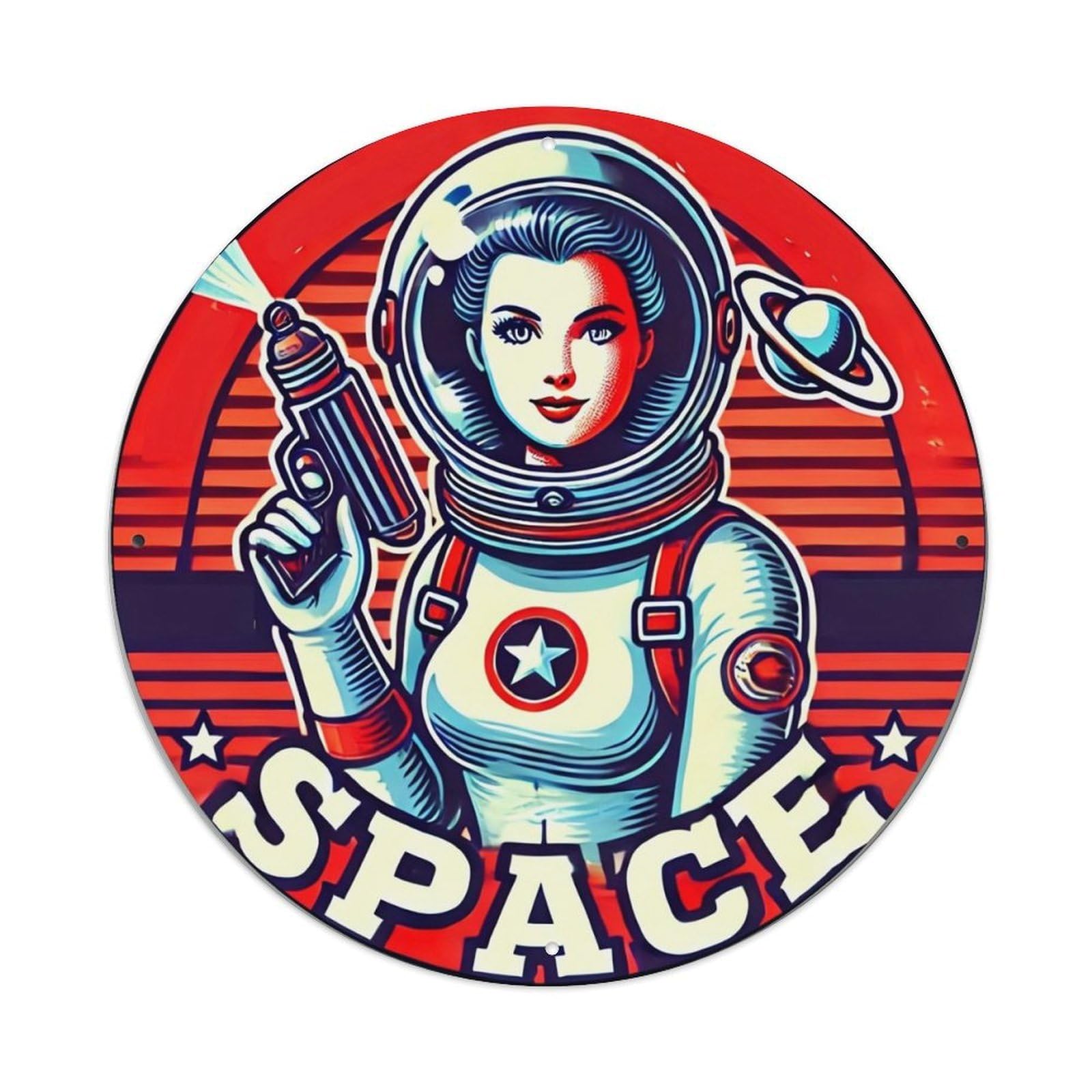 Jdyaojiesheng Vintage Space Explorer With Ray Gun Round Tin Sign Retro Metal Wall Decor Metal Poster, Home Bar Garage Farmhouse Cafe Wall Art Decoration 8X8inch