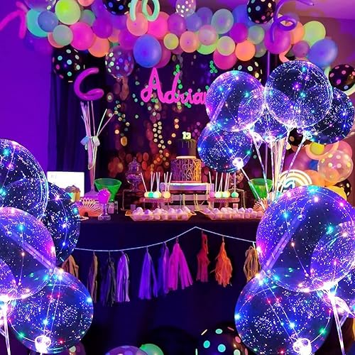 Miniatura 3 de Bobo Balloons - Paquete de 10 globos LED que brillan en la oscuridad con palos + bomba de aire para fiestas, bodas, decoración