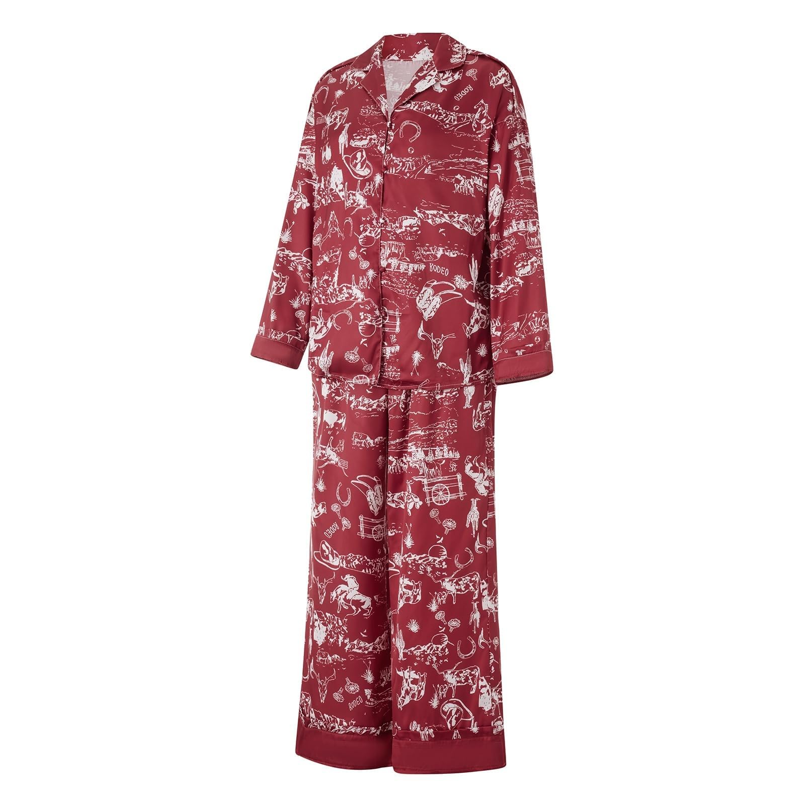 Generisch Pijama de seda de satén para mujer, conjunto largo con botones, conjunto de pijama de moda, ropa de dormir ligera y delgada, ropa para el hogar, ropa de dormir de moda, estampado floral