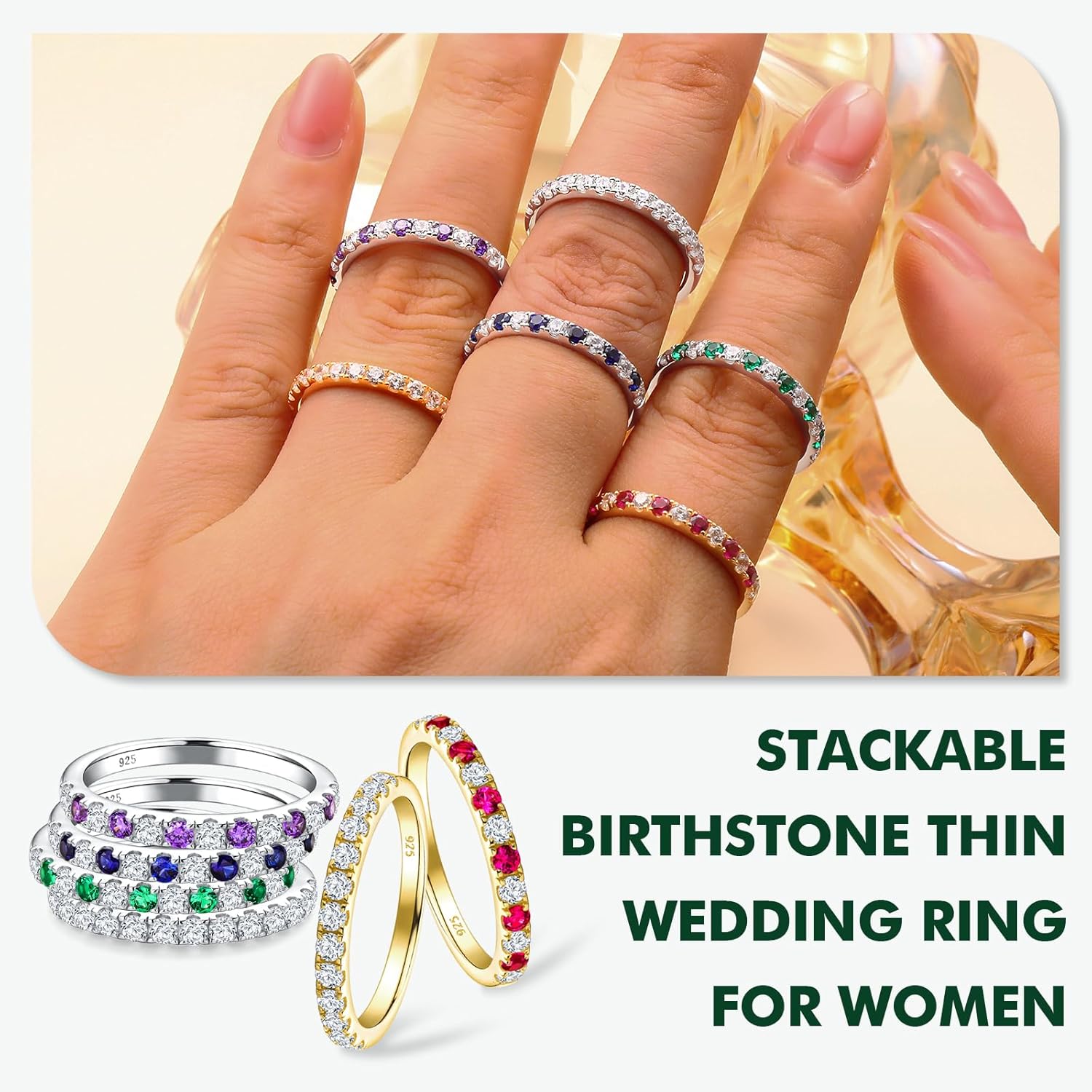 Birthstone Rings Eternity Band 925 Sterling Silver/Yellow Gold-Plated Created Gemstone Stackable Wedding Band 2.7mm Thin Half Eternity Rings for Women Size 6 to 10 - Image 3