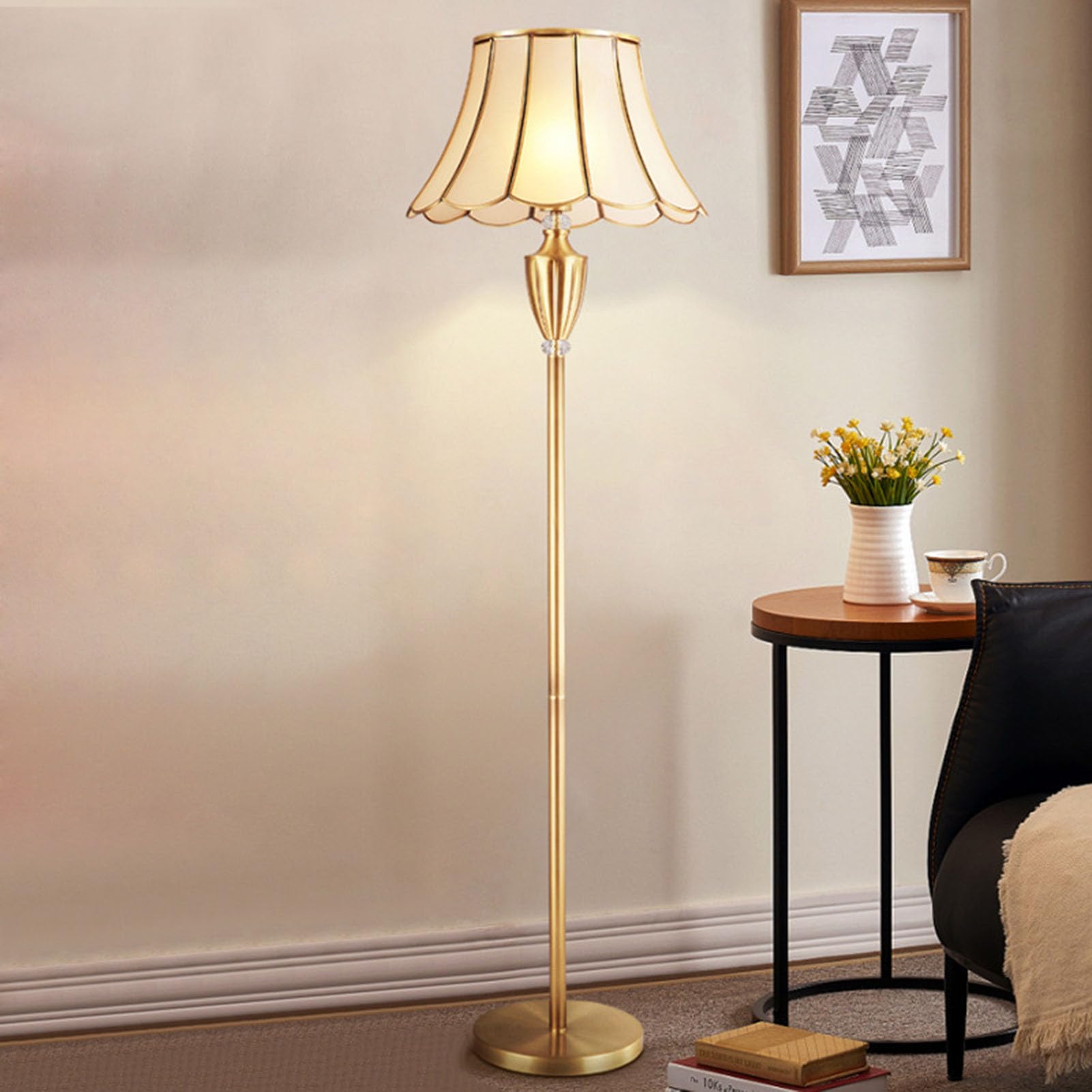 Lampa podłogowa, stojąca 145 cm wysokości, antyczny mosiądz, metalowa kolumna, złoty brąz, klosz dzwonka do salonu, czytelnia, sypialnia rodzinna, dom