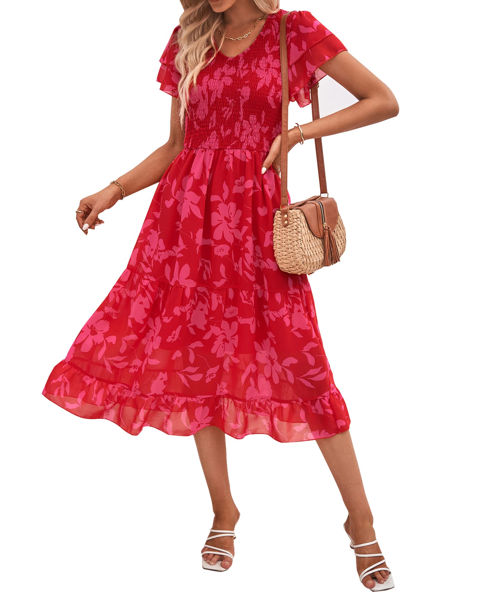 BTFBM Sommerkleid für Damen, lässiges Midi-Kleid mit kurzen Stufenärmeln, Rüschen, Smok-Details, V-Ausschnitt, Boho-Blumenmuster, langes Kleid für Hochzeitsgäste