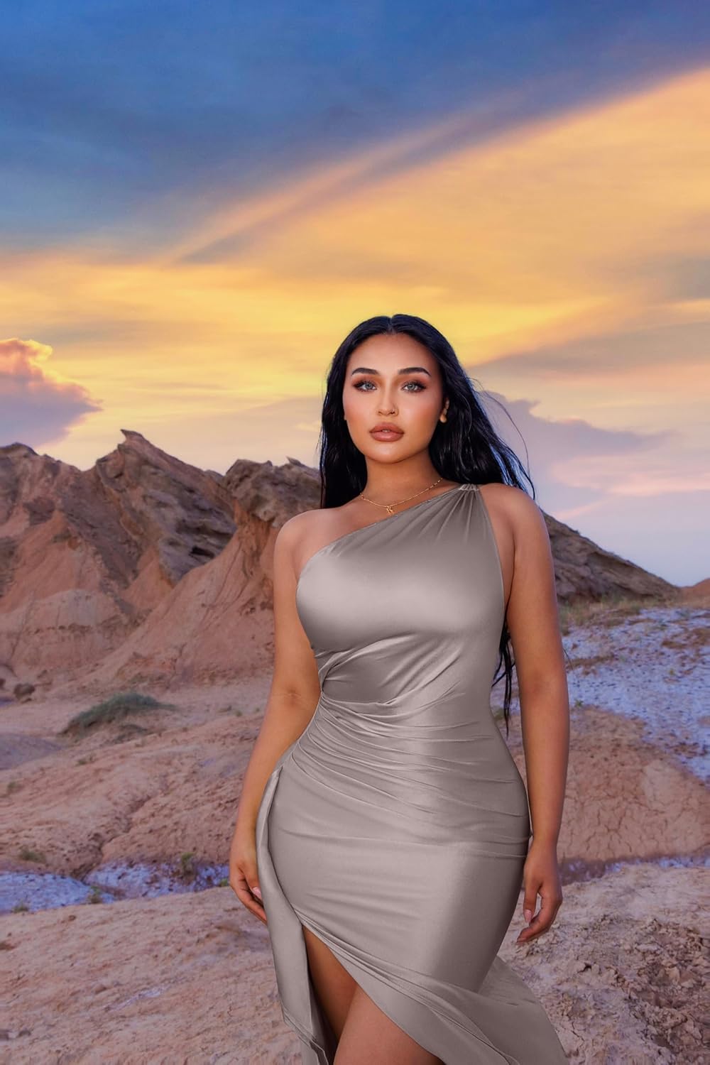 Memoriesea Women's Plus Size Satin Sexy One Shoulder High Split Cocktail Wedding Party Maxi Dress - Image 5