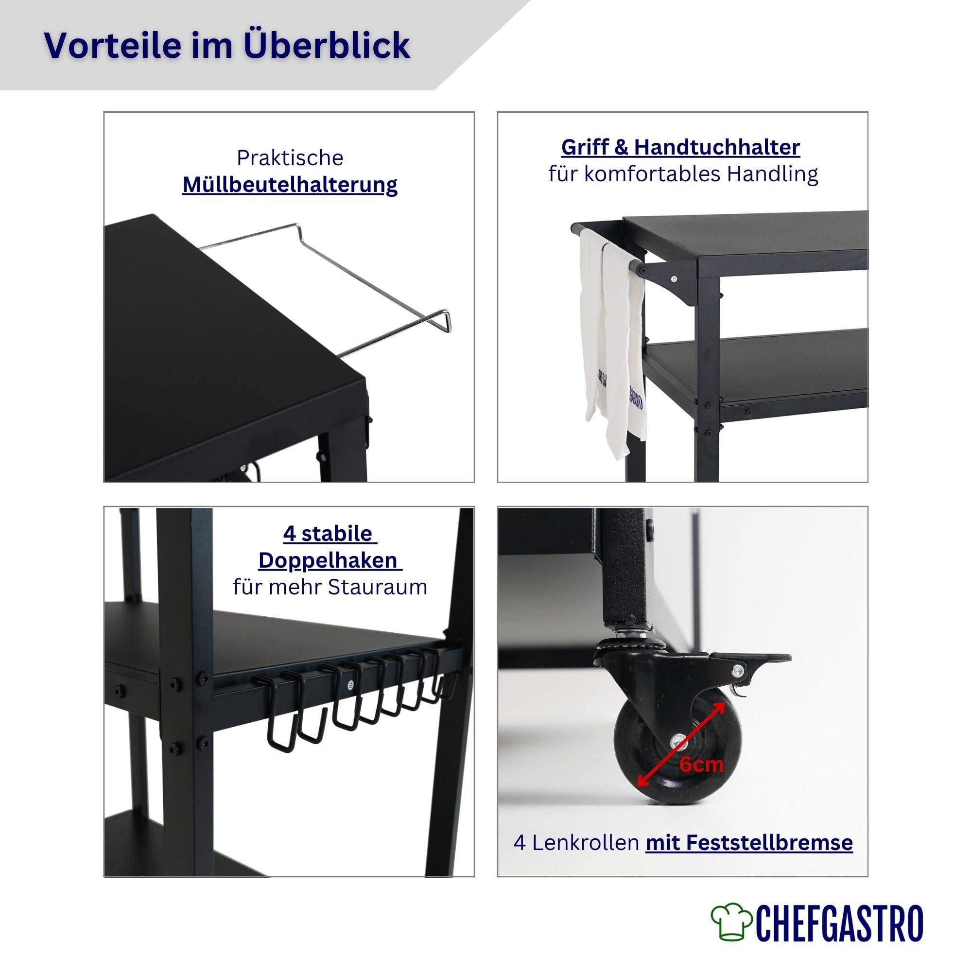 CHEFAGSTRO Grillwagen Vulcan Outdoor Servierwagen mit Rollen Küche Küchenwagen Metall Schwarz Wetterfest Grilltisch, 4 Lenkrollen mit Bremse, 3 Ablagen, 8 Haken, Müllbeutelhalter & Handtuchgriff