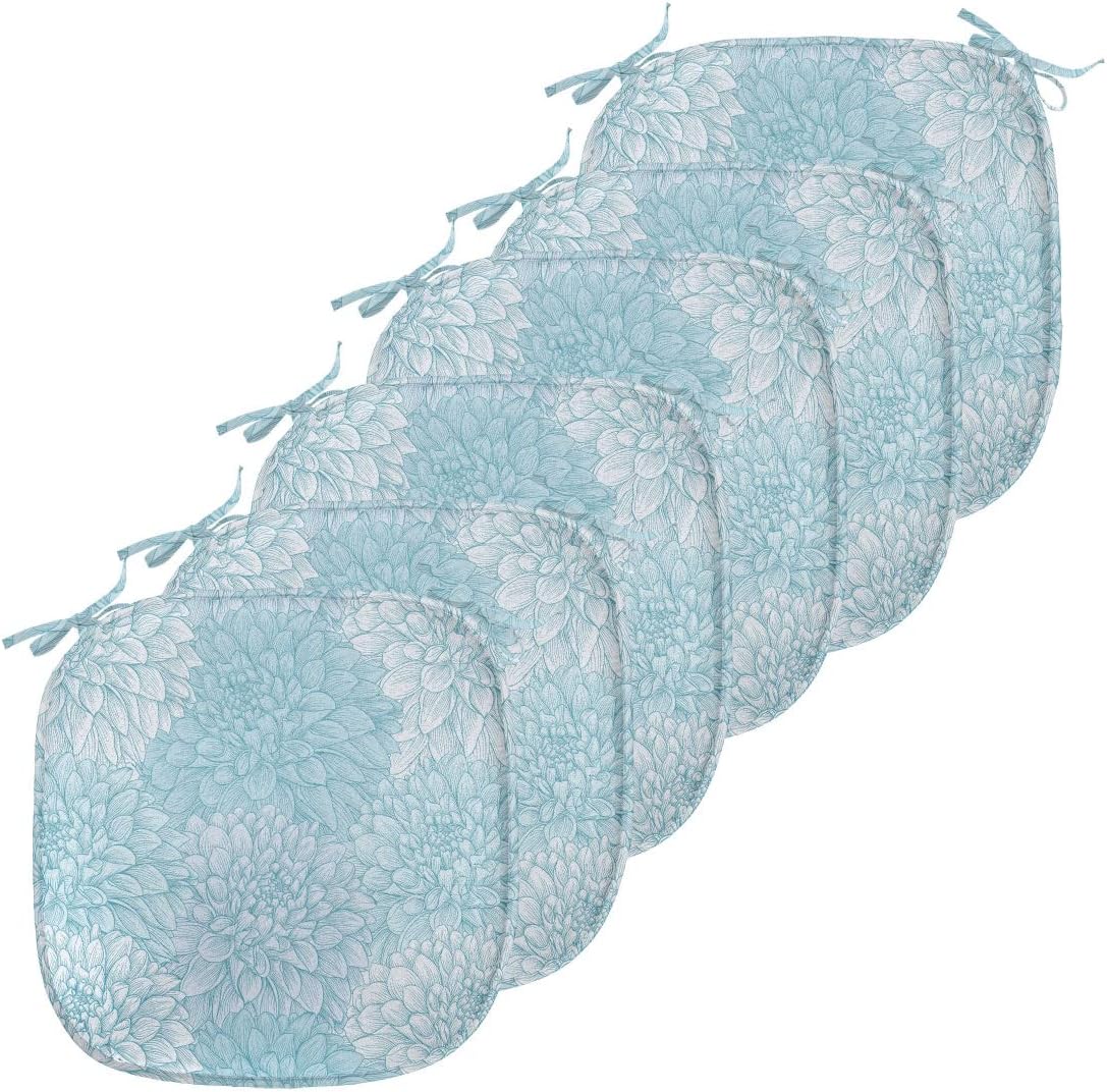 Lunarable Dahlia Flower Chair Seating Cushion Set of 6, Dahlia Petals with Pointed Leaves in Row of Rays Setting with Doodle Style Print, Anti-Slip Seat Padding for Kitchen & Patio, 16"x16", Blue