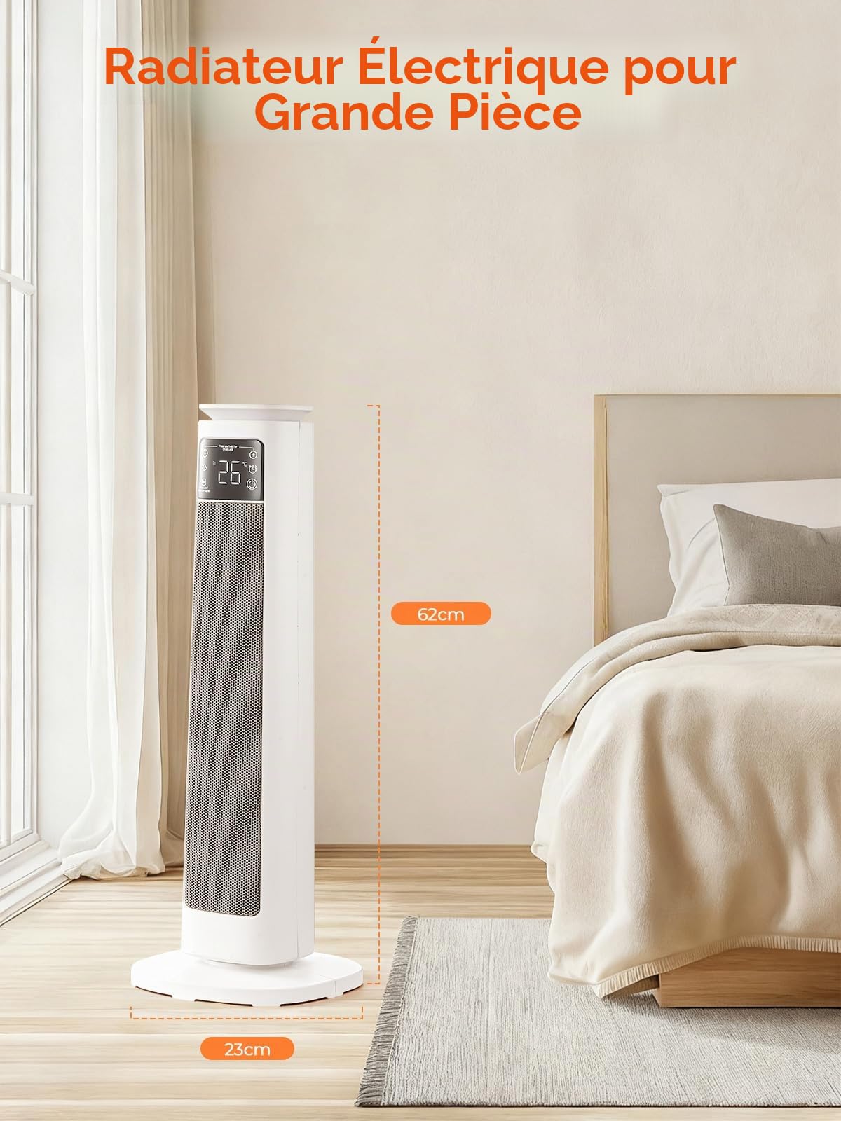 Radiateur d'Appoint pour Grandes Pièces, FOHERE Radiateur Électrique 24" avec Thermostat et Télécommande, Oscillation 70°, Minuterie 12H, Protections, Mode Ventilateur pour Chambre, Bureau, Salon