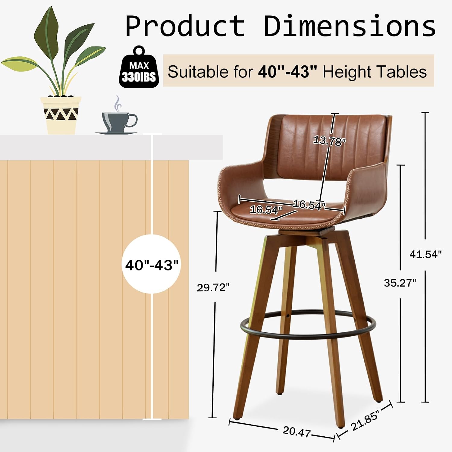 MEKLIBA Brown Bar Stools Set of 3, 30 Inch Bar Stools Bar Height,Swivel Barstool with Backs and Arm Rest，Faux Leather Bar Chairs, Mid Century Modern Stools for Kitchen Island