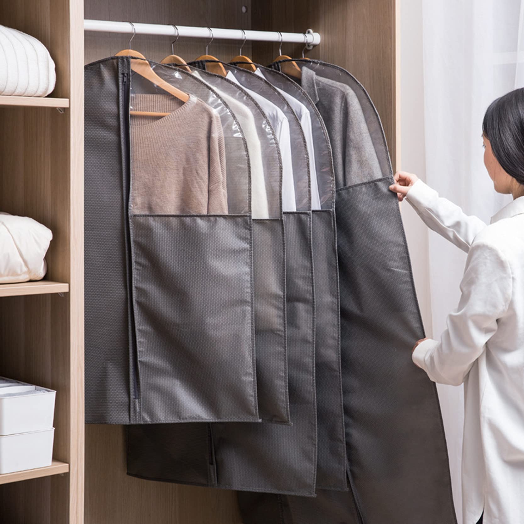 Sacca Porta Abiti, Confezione da 6 Borse Porta Abiti Lunghe, morbide e Traspiranti, in Tessuto Non, con Cerniera Finestra Trasparente, Grigio-L(60 x 135 cm)
