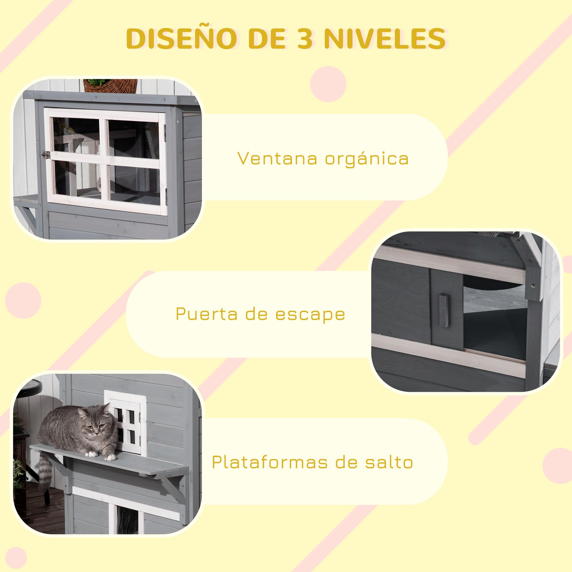 PawHut Caseta para Gatos de Madera 98x68,5x122 cm Grande 5 Puertas Gris | Casa para Gatos, 3 Niveles, 2 Plataformas, Terraza Balcón Jardín