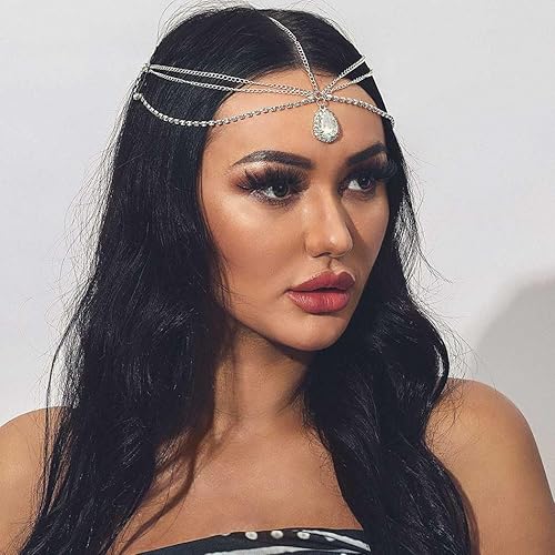Miniatura 5 de Gortin Diadema de boda con diamantes de imitación, estilo bohemio, cadena de cristal para el cabello, cadena para la frente en capas, Halloween,