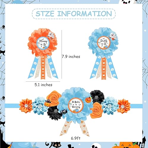 Miniatura 6 de Conjunto de banda y ramillete de maternidad para baby shower, color azul naranja y azul, cinturón de vientre A Baby is Brewing Belly Belt, Mommy to