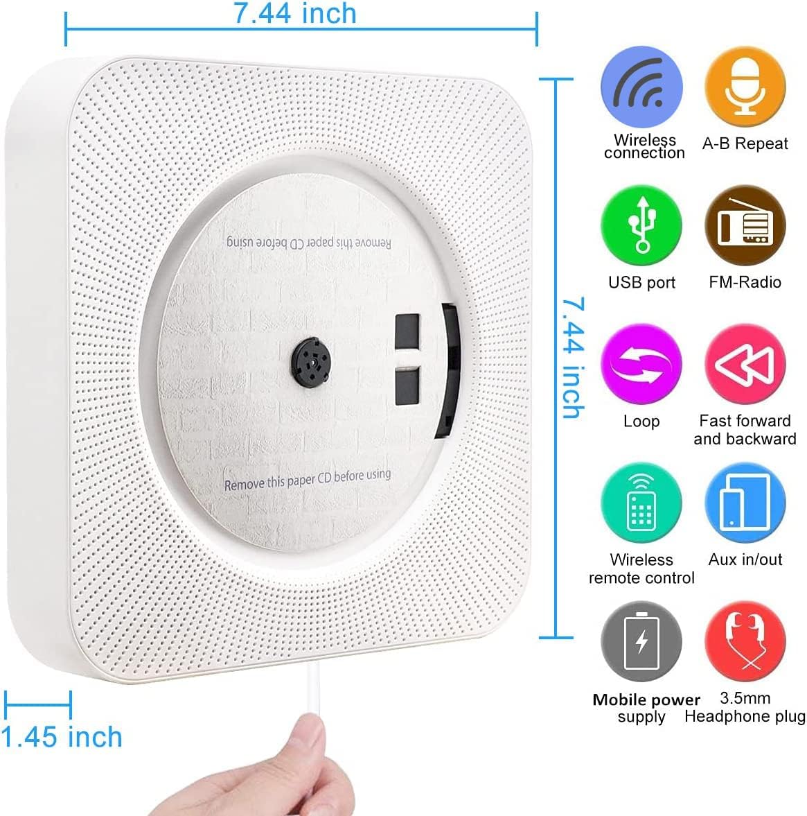 Retekess TR609 Wall Portable CD Disc Player, CD Player with Headphone Jack AUX Input,Remote Control FM Radio CD Player and Hi-fi Speaker for Home