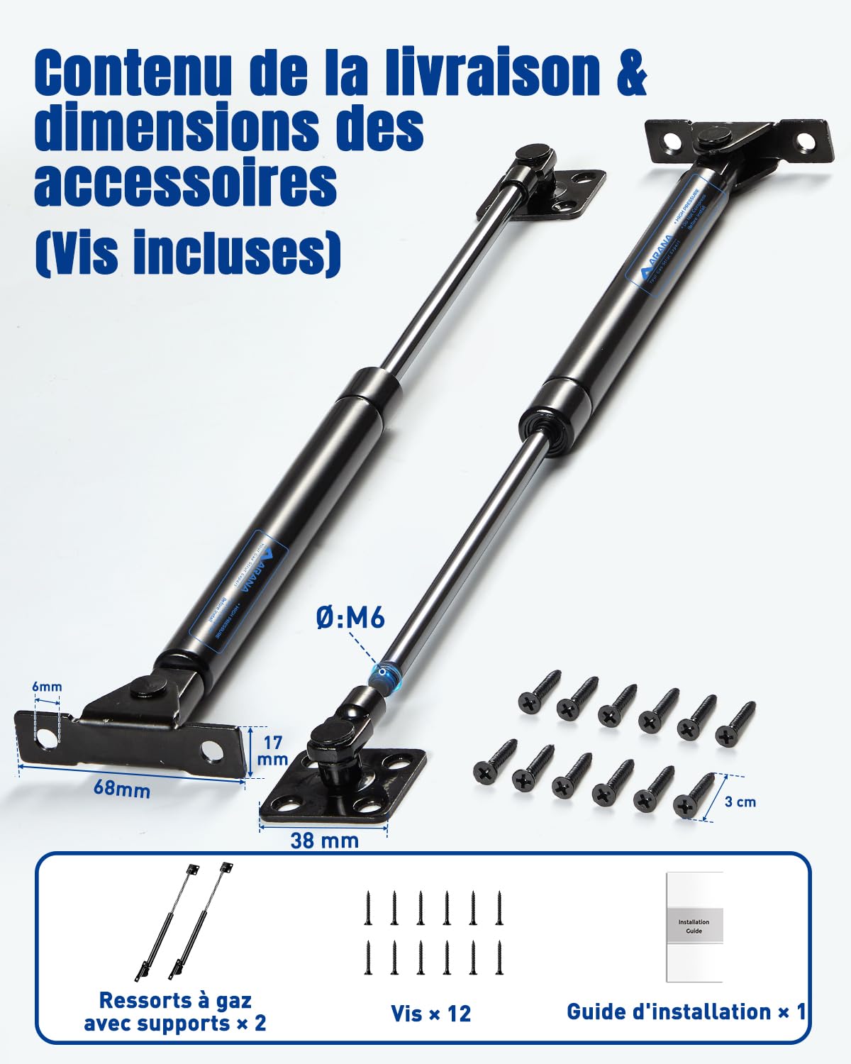 ARANA Verin a gaz améliorés 500mm 600N/60kg pour trappes lourdes, lot de 2 | Verin hydraulique pour food truck, placard cuisine, coffre jardin, poubelle et charge lourde(500mm, 600N)