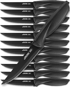 Home Hero Steak Knives Set of 12 - High-Carbon Stainless Steel Blades - Razor-Sharp Serrated Knives - Black Ergonomic Handles - 12 Pcs, Black