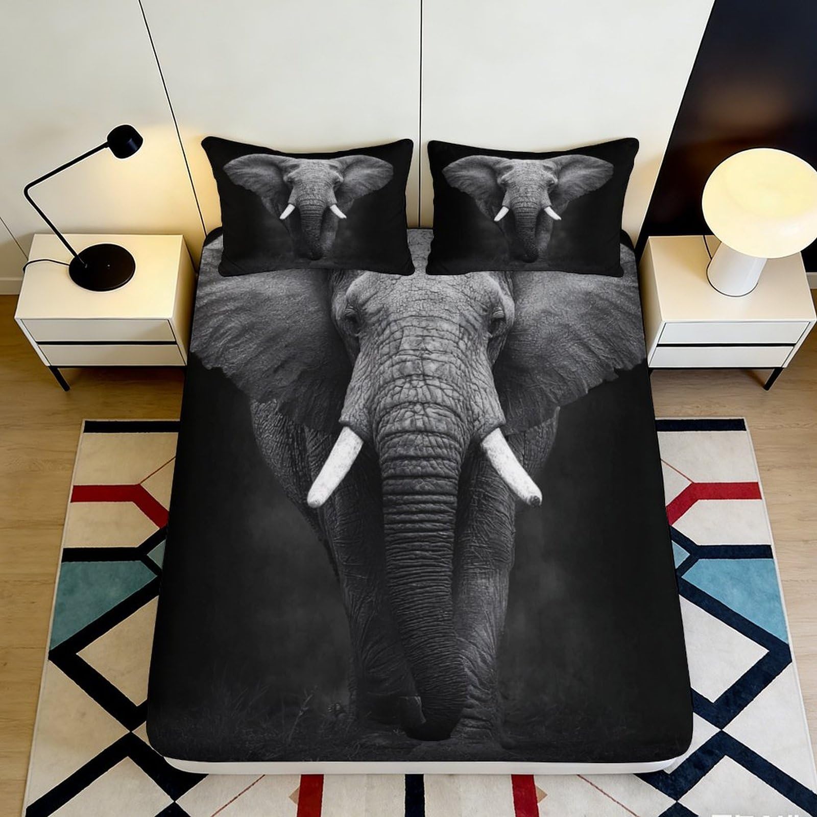 3D Printed elephant Fitted Sheet grey animal design Microfiber soft touch, wrinkle resistant, guest room bedding, non-slip, washable, decor accent 90x200x25cm