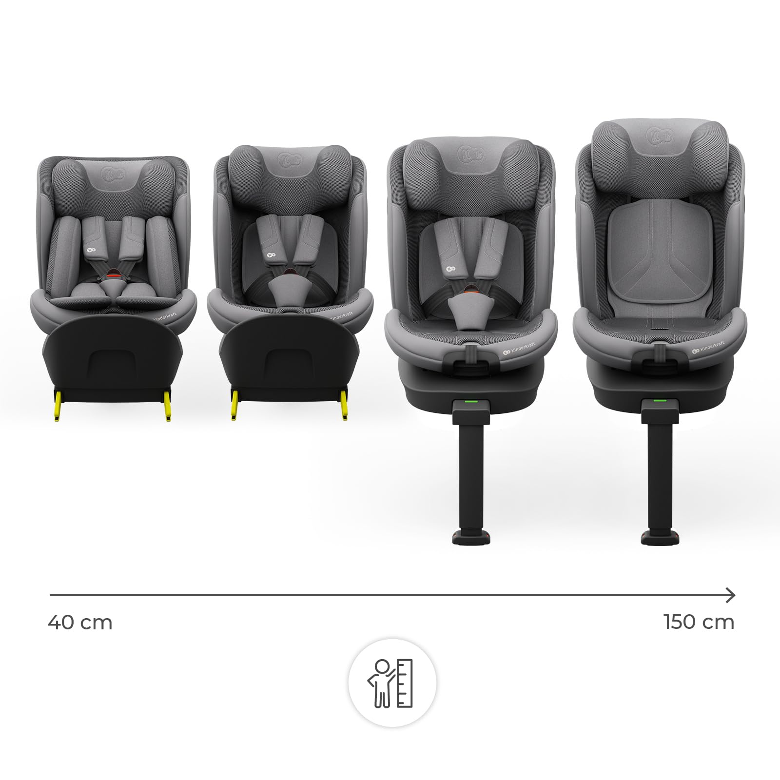 Kinderkraft I-360 2 PRO, fotelik samochodowy i-Size 40–150 cm, obracany 360°, ISOFIX, tyłem i przodem, H-GUARD+, SPS+, EASY SPIN PRO, EASY GROW, od narodzin do 12 lat, Szary