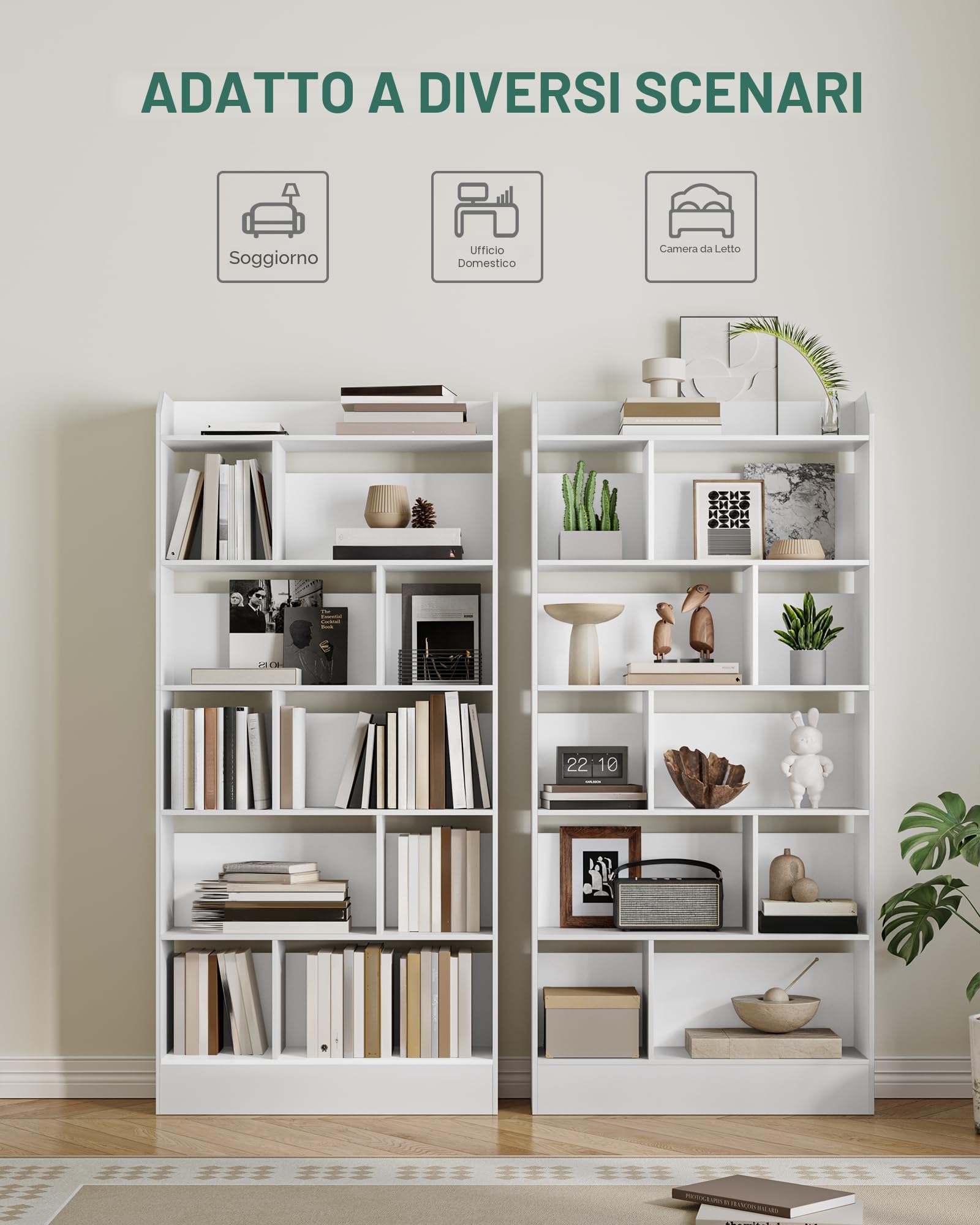 Hzuaneri Libreria a 6 Ripiani, Scaffale con Scomparti e Ripiani Aperti, Organizzatore, Libreria Verticale Mobiletto Multiuso per Soggiorno, Camera da Letto, Studio, 24 x 80 x 170 cm, Bianco BC22803X