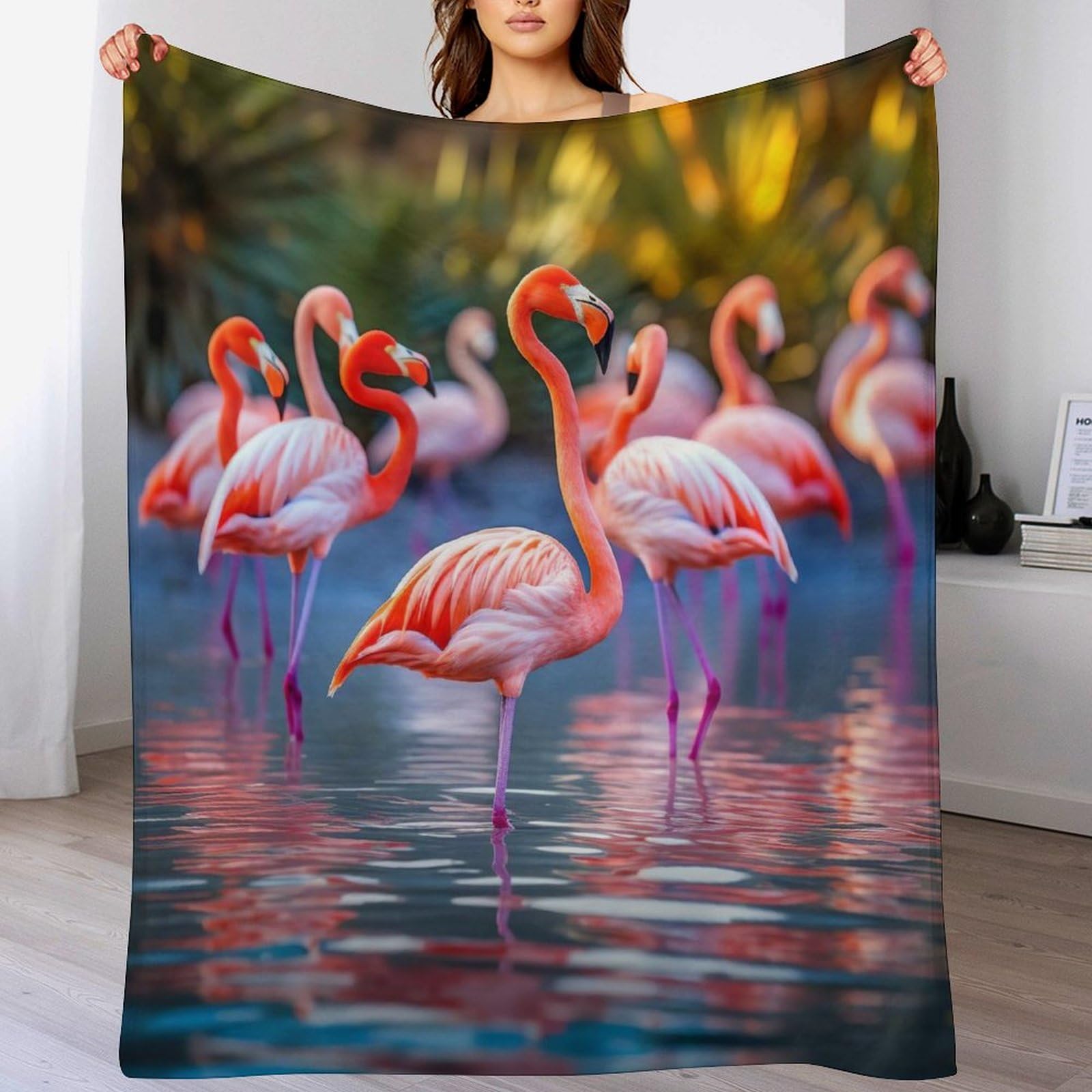 Couvre-lit couverture légère polaire flannel motif flamant rose 180x200