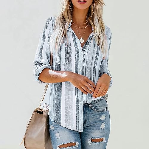 Vista 3 de Women's Striped Button Up Blouse Trendy Business Tops Dressy Soft Cotton Linen Tops Casual Long Sleeve Tops Fall Shirt