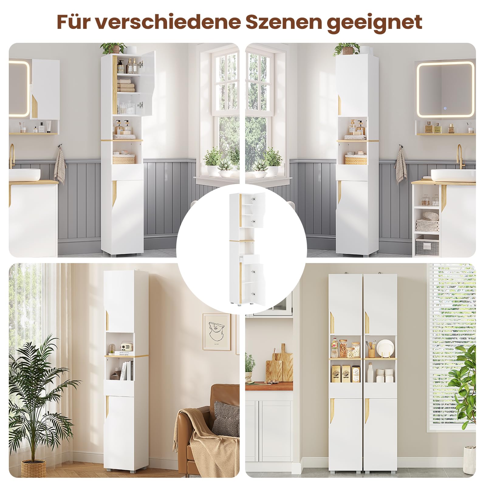 Badezimmerschrank, Hochschrank Badezimmer mit Schublade, verstellbare Ablagen, 2 offenen Fächern, platzsparender Badschrank, Badmöbel, für Wohnzimmer, Küche und Bad, Weiß, 30 x 30 x 180 cm