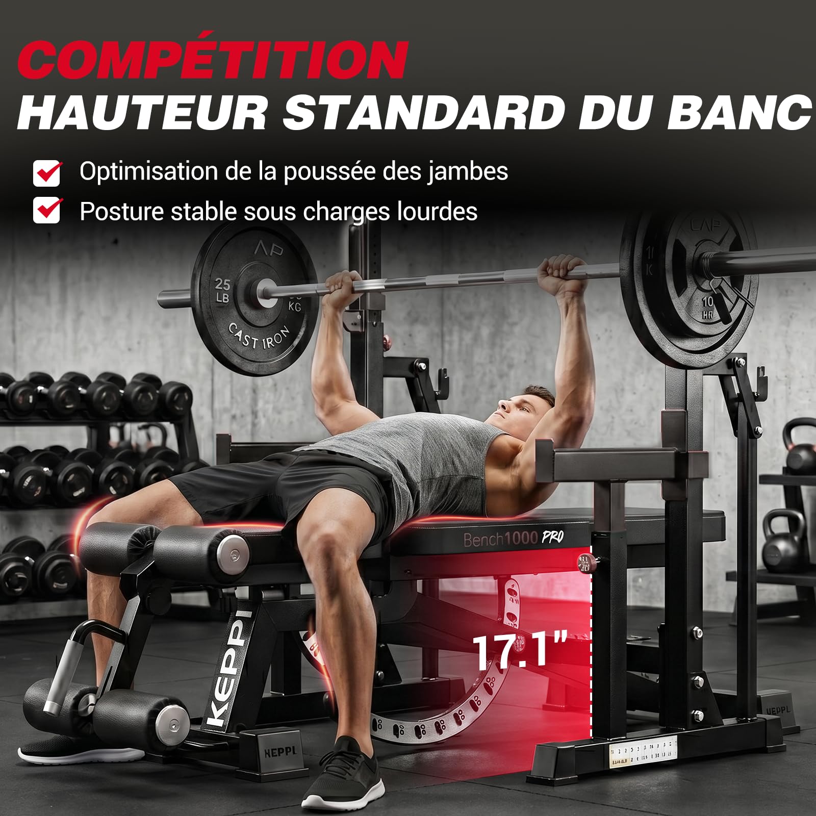 Keppi Hantelbank Verstellbar, mit 600 kg Kapazität, Schrägbank & Flachbank für Heim-Fitness, Multifunktionale Trainingsbank für Bankdrücken, Krafttraining und Ganzkörper Workouts - Bench1000 Pro