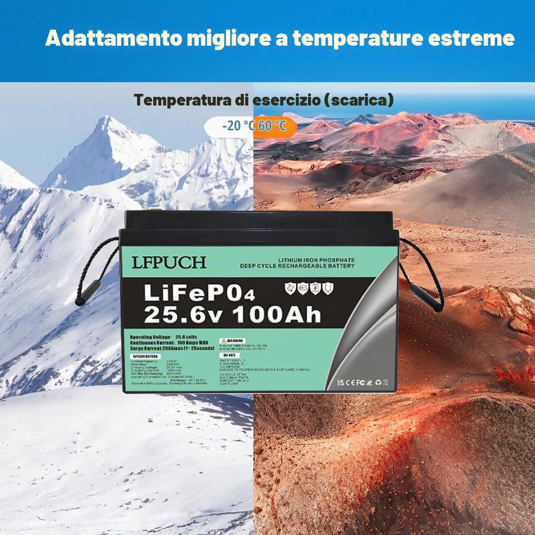 Leisure Batteria，Batteria LiFePO4 24V 100Ah, batteria al litio ferro fosfato invece della batteria AGM per auto o batteria a ciclo profondo, adatto per impianti fotovoltaici, campeggio, ecc.