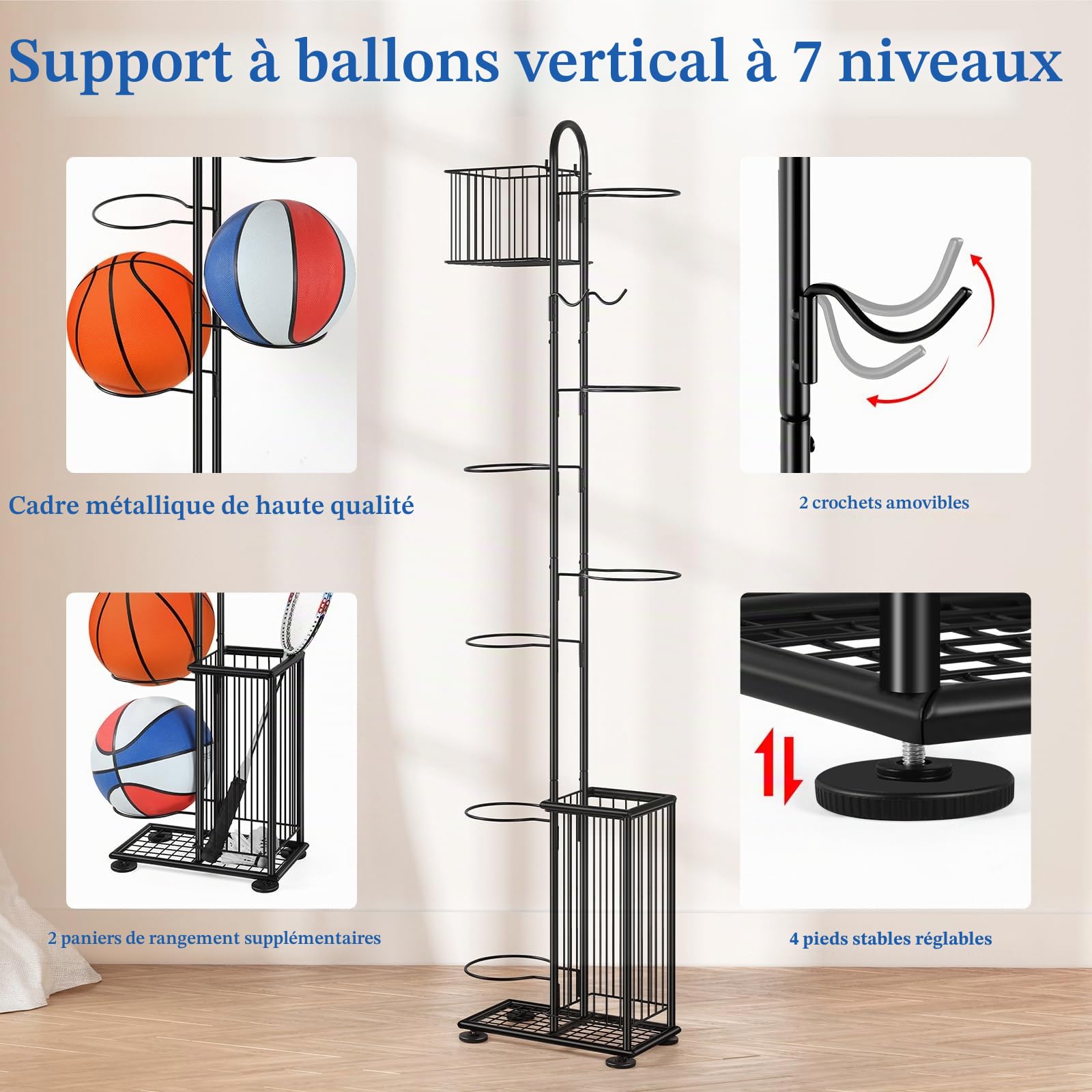 Smusei Support à billes en métal, 7 niveaux, support vertical pour balles avec paniers et crochets, salon et extérieur, équipement de sport, organisateur pour basket-ball, football, volley-ball