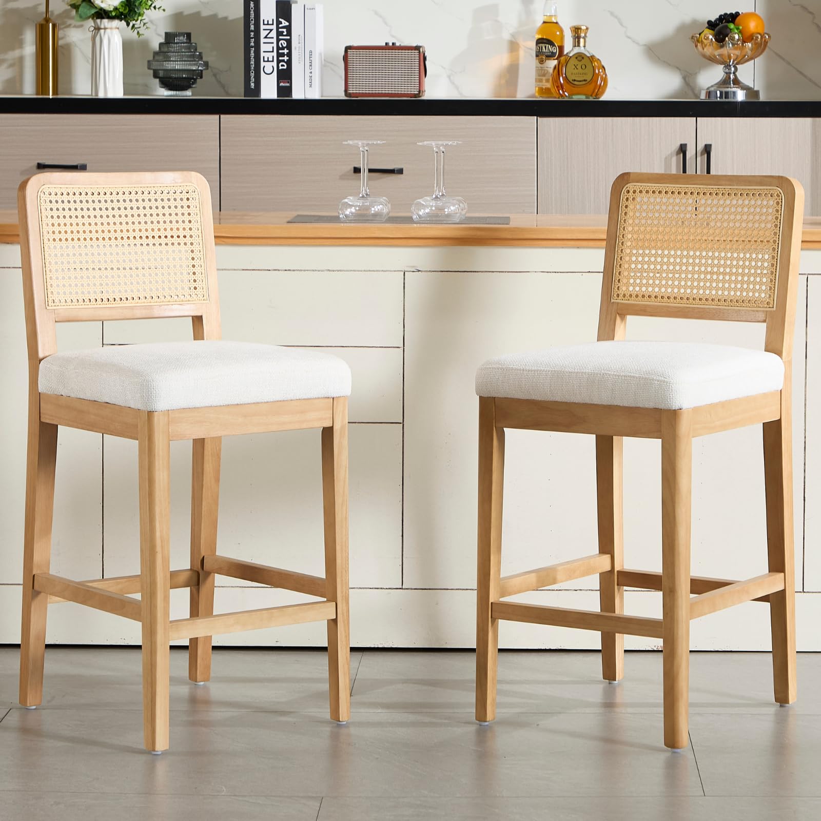 chairus Juego 2 de Sillas Altas de Cocina de Chenilla Taburetes de Bar Tapizado con Respaldo Ratán, Sillas de Barra con Patas de Madera Taburetes Altos de Bistró Modernos para Isla de Cocina, Blanco