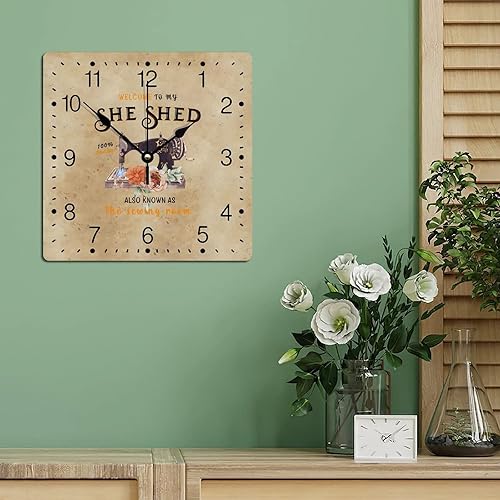 Miniatura 4 de Reloj de PVC con texto en inglés "Welcome to My She Shed", reloj de pared grande para máquina de coser, flor naranja de 10 pulgadas, cuadrados,