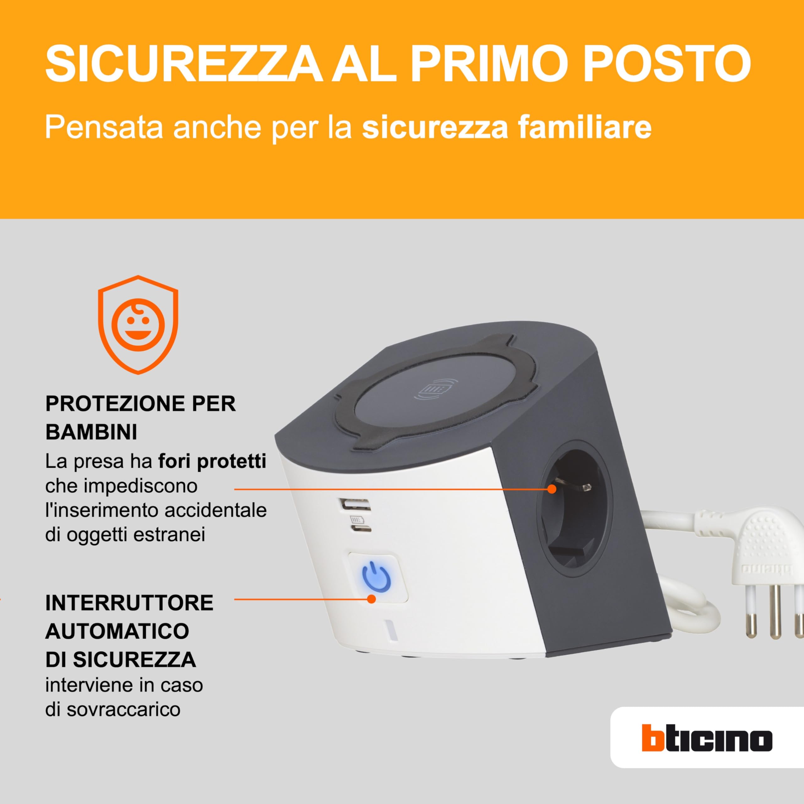 BTICINO Multipresa Desktop S3714DBUW, Multipresa Elettrica 5 Posti, Caricatore Wireless 15W, Prese USB A+C, 2 Prese Schuko, Ciabatta Elettrica con Interruttore e Led, Spina Piccola 10A, Cavo 2 Metri