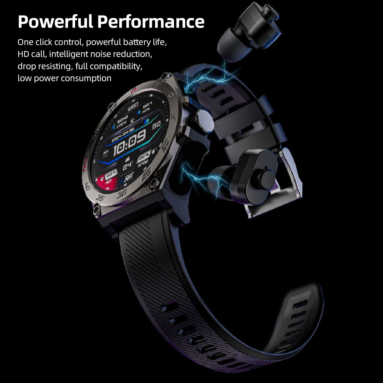 Elektroniczny Zegarek z Dużym Ekranem i Słuchawkami BT do Fitnessu, Sportu i Podróży (BLACK)