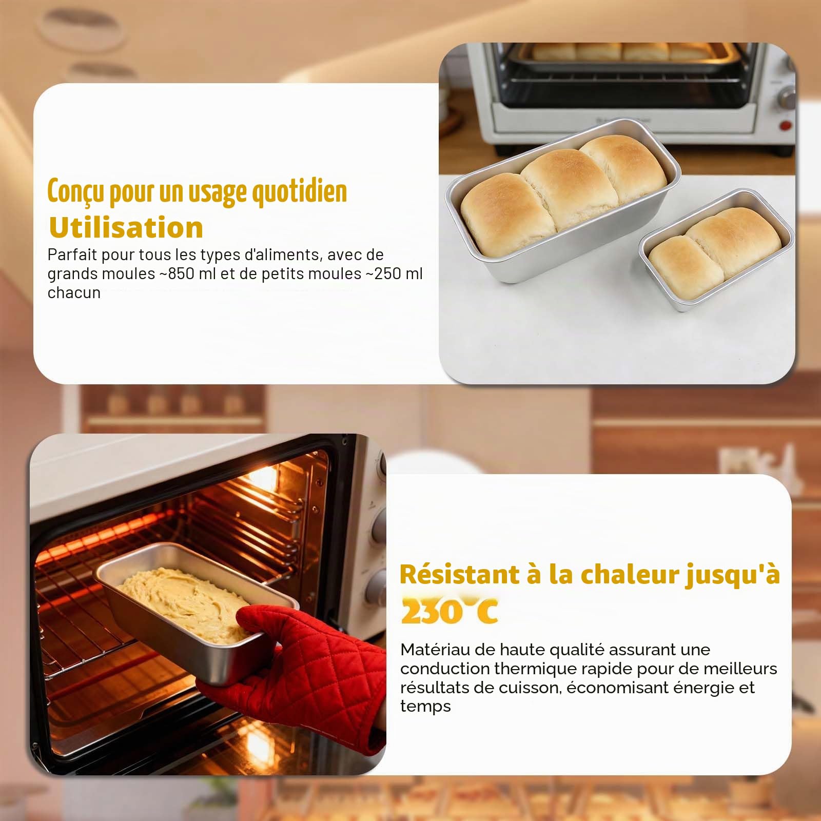 Moule à Pain 4 Pièces, Moule à Cake Rectangulaire en Aluminium Anodisé avec Revêtement Antiadhésif, 2 Grands Moules 20 cm et 2 Mini Moules, Idéal pour Pain, Cake, Toast et Gâteaux, Facile à Nettoyer