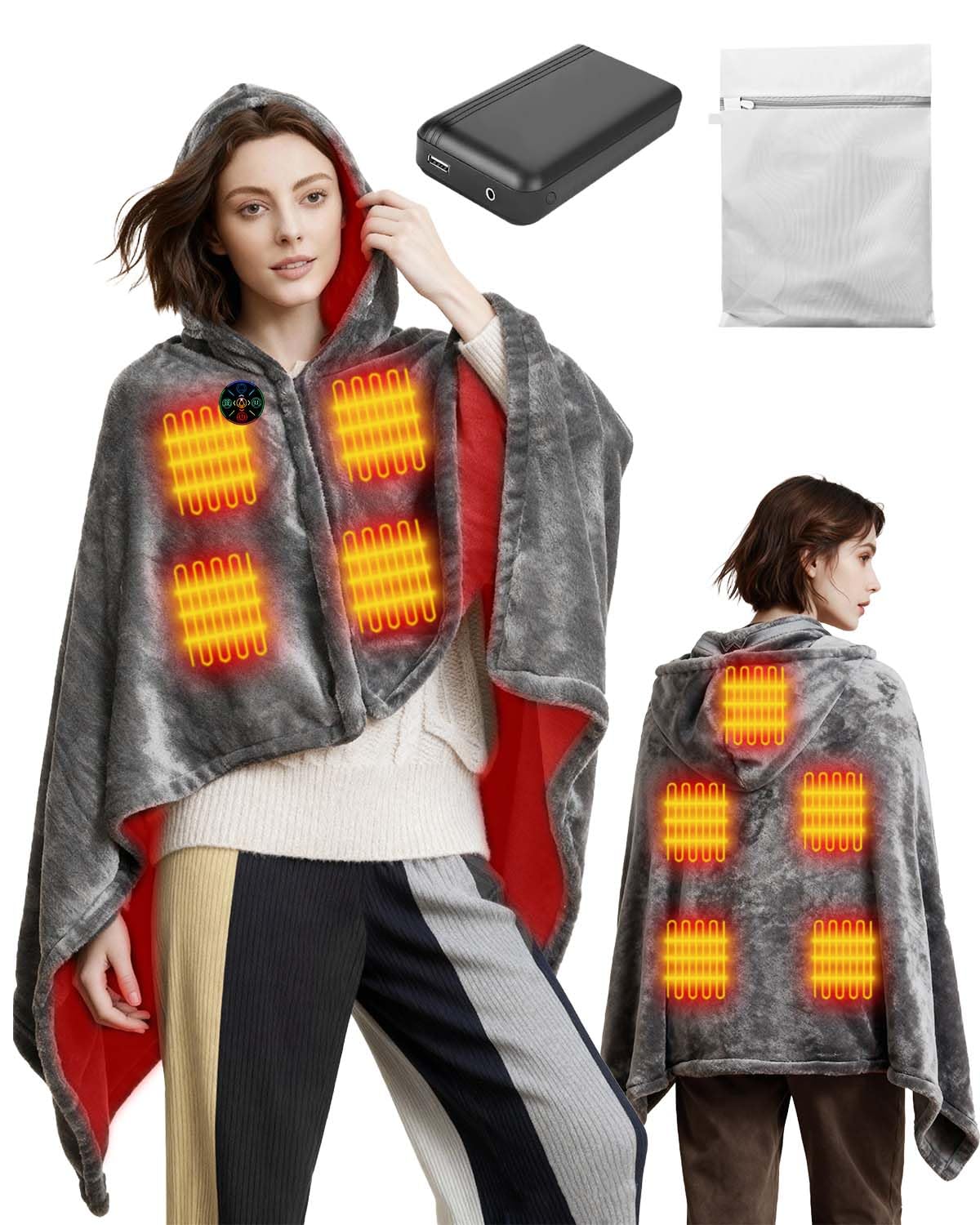 Electric USB Heated Shawl Blanket 150x85cm with Zipper Detachable Hat, Equipped with Batte...