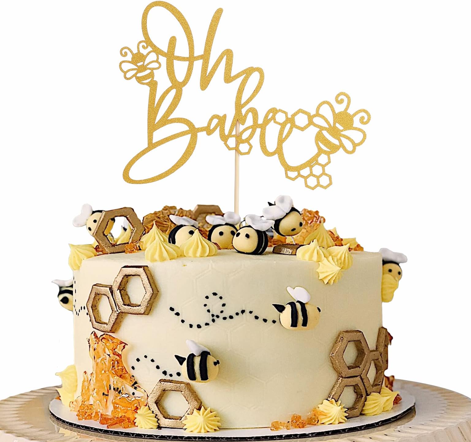 Bee Oh Babee Cake Toppers - Singer-side Gold Glitter Bumble Bee Oh Baby Cake Topper, Bee Themed Baby Shower/Gender Reveal Cake Topper, Boy Girls Baby Birthday Gold Bee Babee Cake Topper