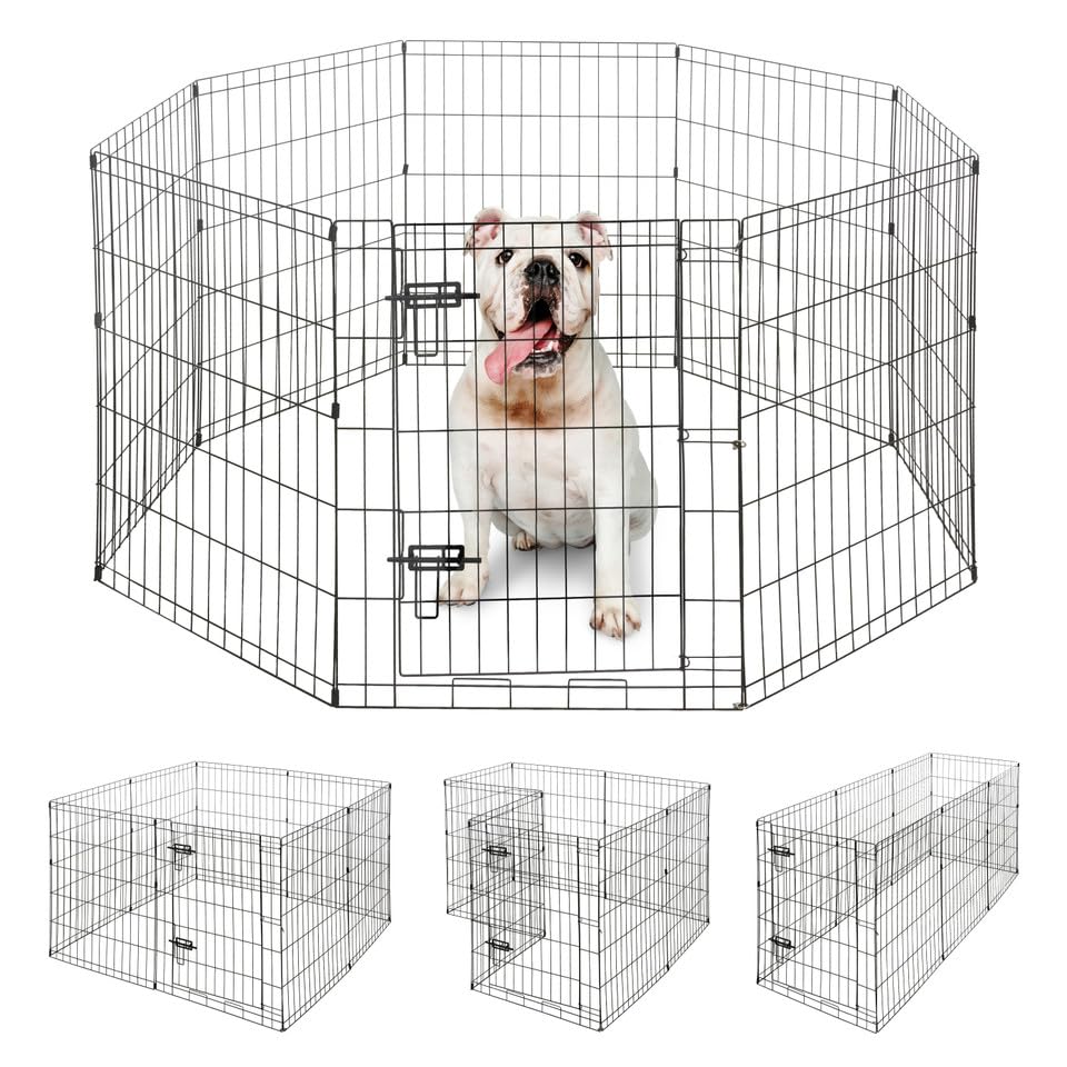 Foldable Outdoor/Indoor Pet Playpen with Gate, Available in 30 Inch Height Metal Portable Kennel, Heavy-Duty Exercise Fence Cage 8 Panels for Medium Dog, Animals
