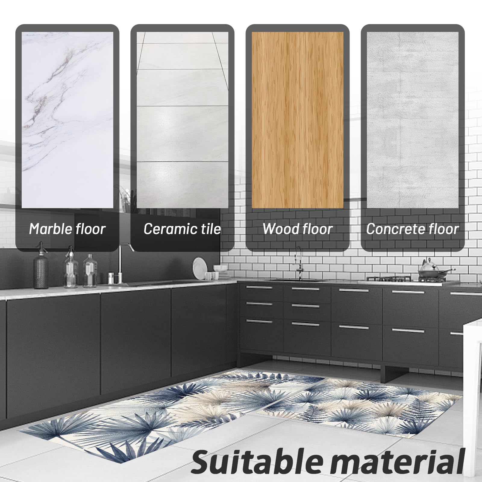 Tappeto Cucina Lavabile Antiscivolo Texture Di Foglia Di Palma Tropicale, Set Da 2 40X60+40X120Cm, Tappetino Cucina Resistente Pianta Ad Acquerello, Tappeti Passatoia Anti Fatica Facili Pulire, Blu