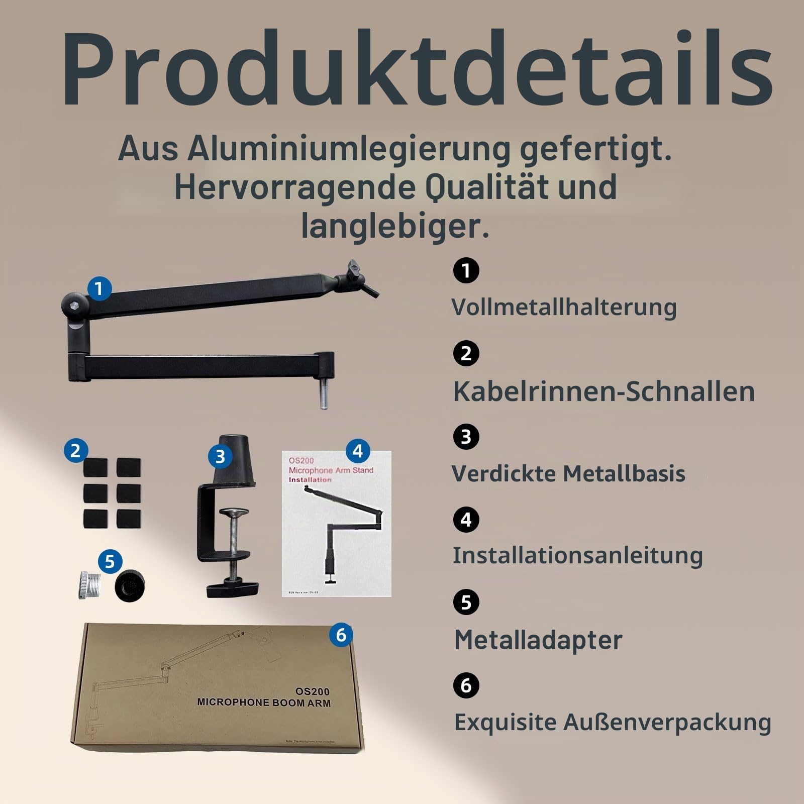 Mikrofon-Boomarm, flaches Mikrofonarm-Stativ mit Tischklemme, Schraubenadapter, versteckten Kabelführungskanälen, verstellbares Mikrofonstativ für Boomstick-Mikrofone, für Podcast-, Gaming