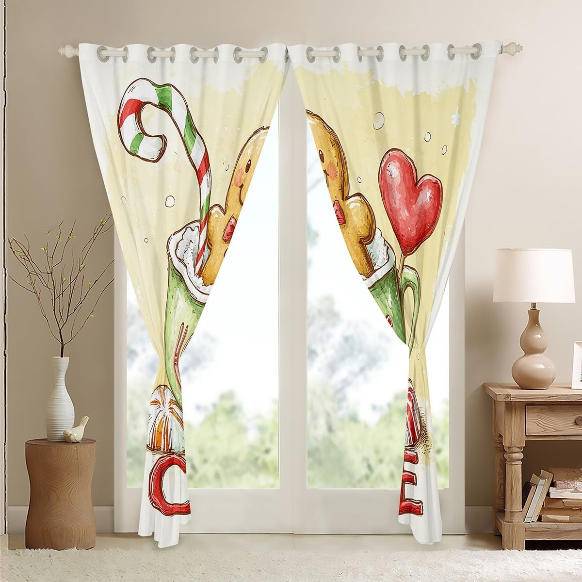 Feelyou Merry Christmas Window Curtains for Bedroom Living Room Christmas Gingerbread Man Curtains Christmas Coffee Candy Window Drapes Xmas Christmas 30%-50% Blackout Curtains, 38W X 45L,2 Panels
