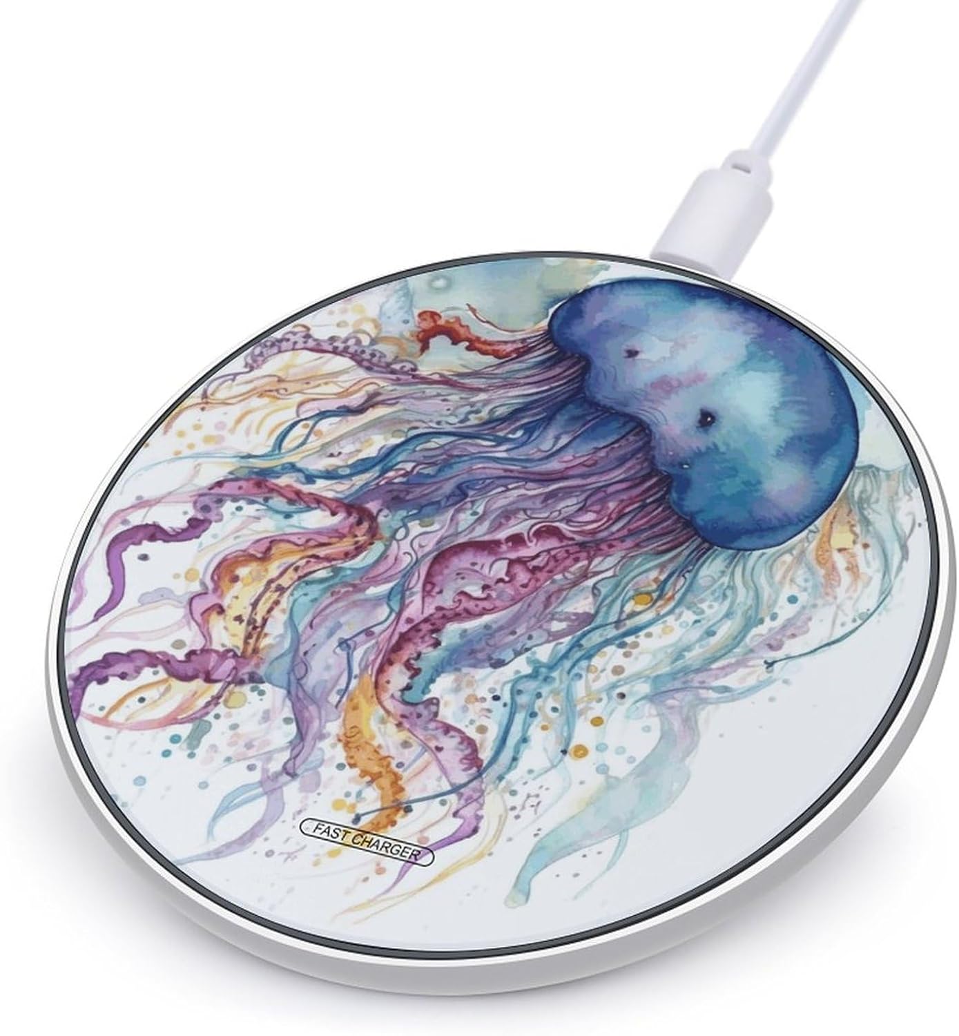 Watercolor Jellyfish Wireless Charger with Aluminum Alloy Frame Qi Certified Fast Wireless Charging Pad 10W Charging Station Portable Phone Charger for All Wireless Charging Phone