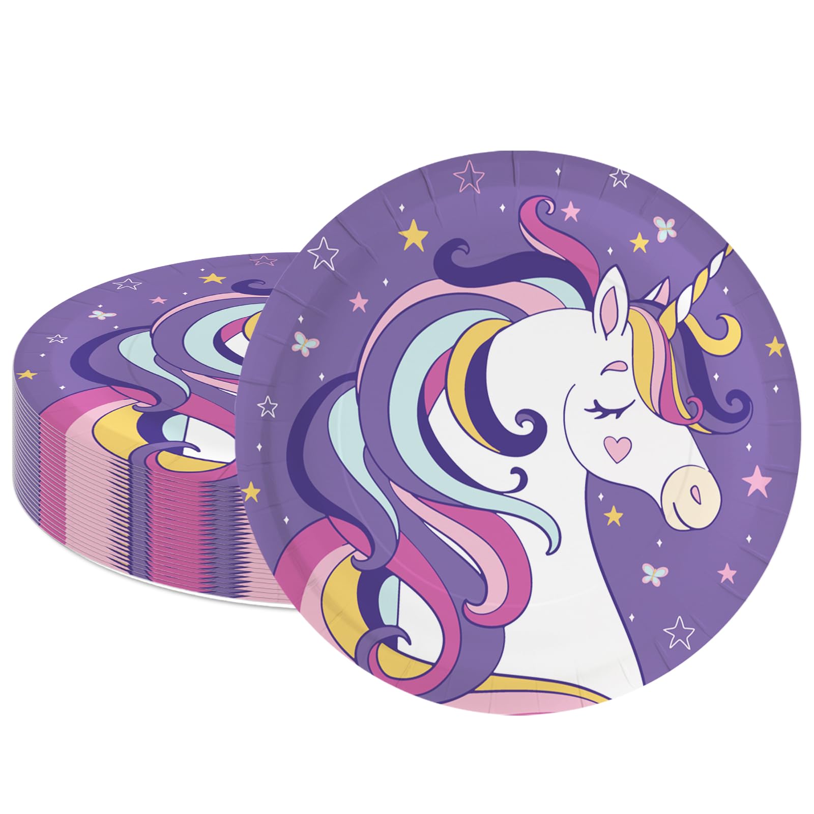LeZakaa 25Pcs Birthday Paper Plates - Purple Unicorn Design Disposable Party Plates Decorative Tableware Supplies Table Decor Baby Shower for Kids,