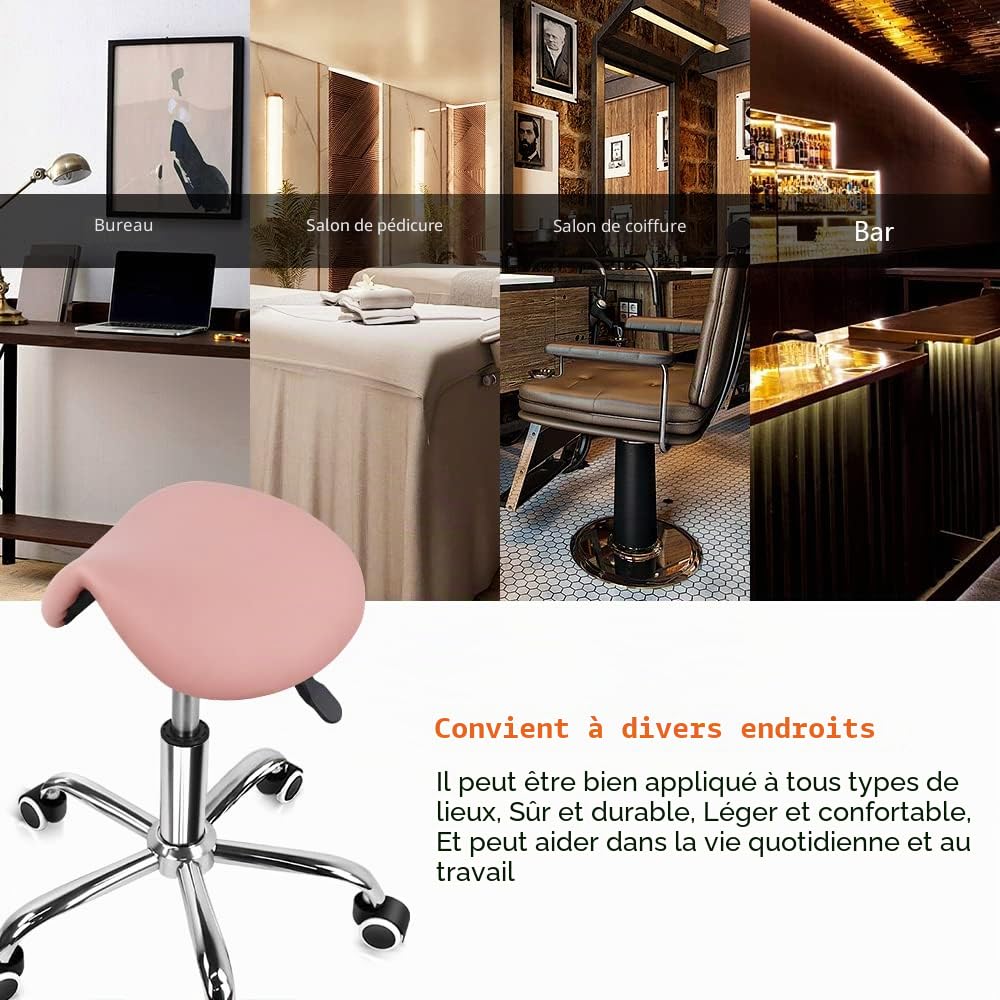 KKTONER Tabouret Selle de Cheval Tabouret à roulettes réglable en Hauteur 45-61 cm en Cuir PU Rose