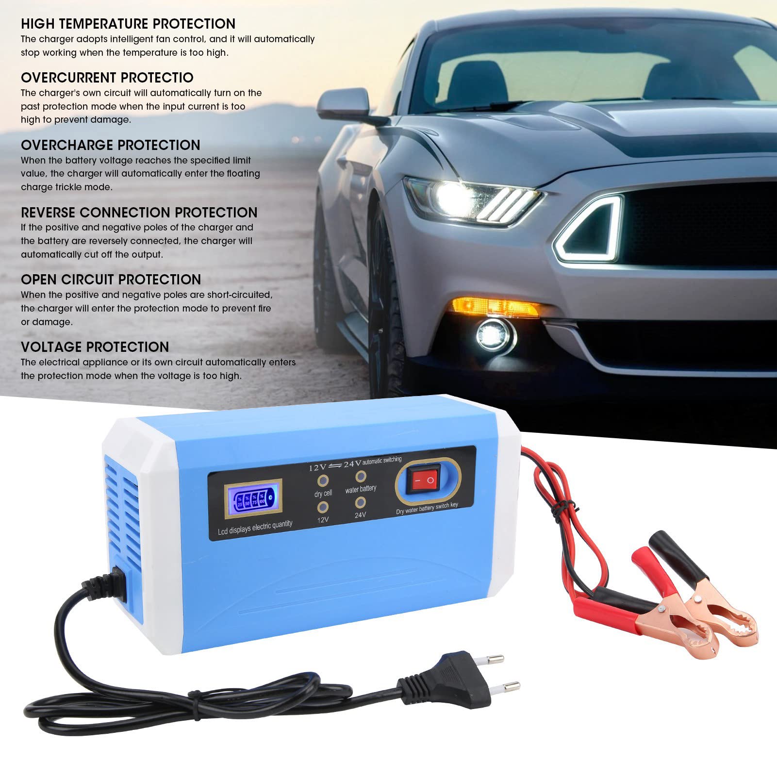 Caricabatteria per auto 12V 24V Display LCD intelligente ed efficiente Trasferimento automatico degli impulsi Riparazione per batterie 10Ah 200Ah per motociclette automobil