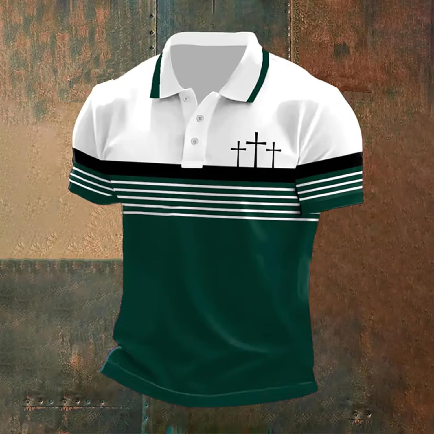 Christian Shirt for Men Retro Striped Polo Faith Cross Tshirts Stylish Short Sleeve Button Down Shirt
