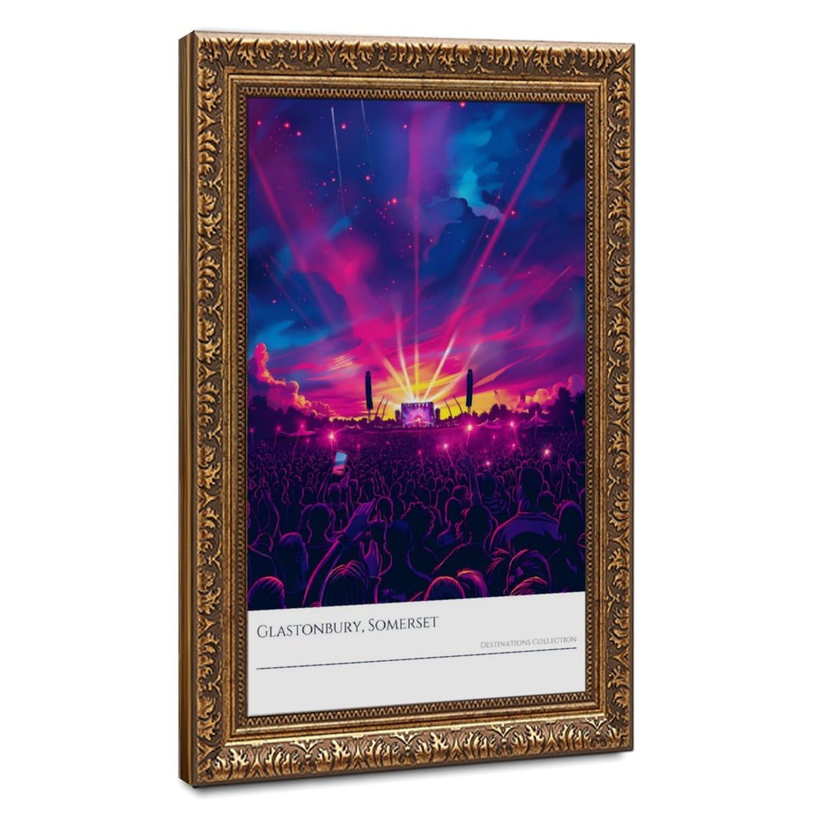Poster di Glastonbury Festival viola Light Show Music Memorabilia Canvas Poster Wall Art Decor Stampa Dipinti per Soggiorno Camera da Letto Decorazione Retro Cornice Dorata 40,6 cm L x 61 cm W
