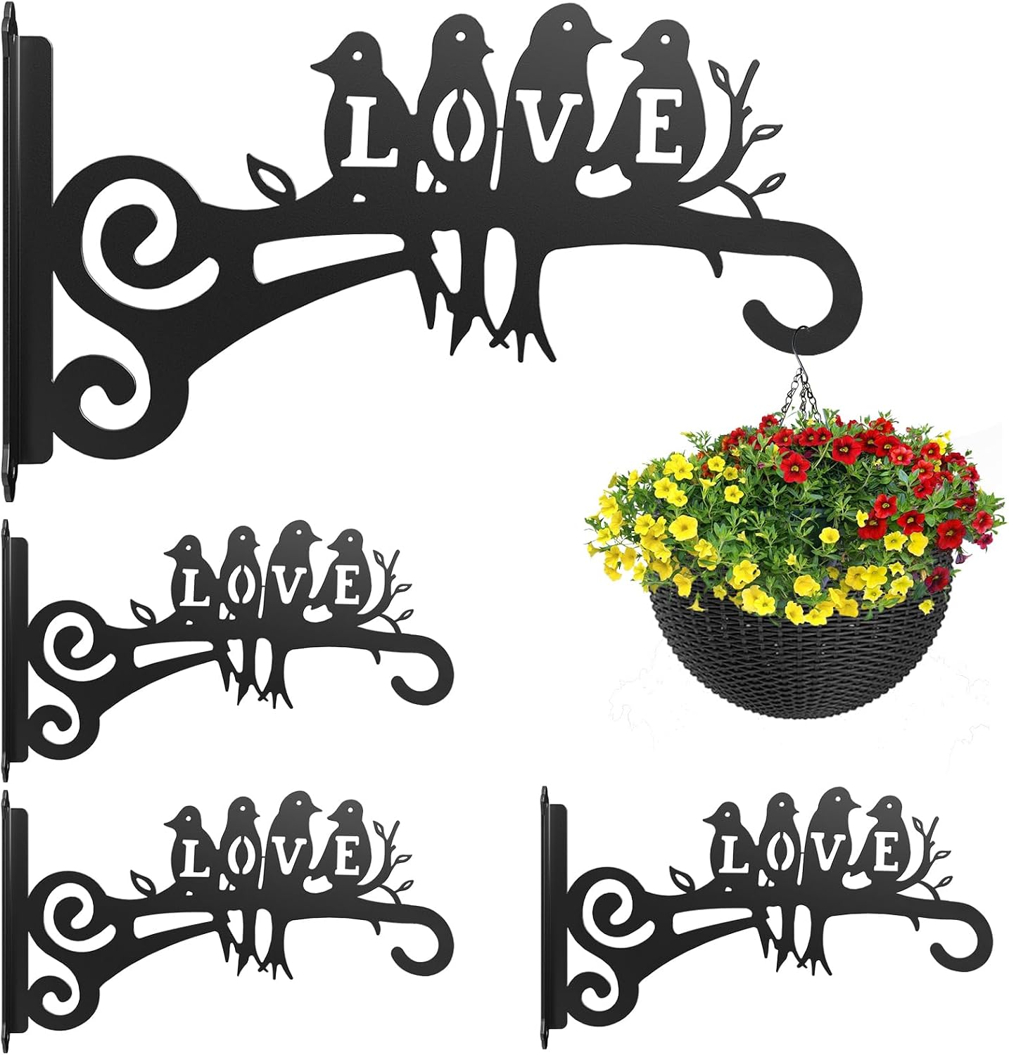 4-Pack Aesthetic Plant Hangers Outdoor and Indoor – 10 Inch Metal Hanging Plant Bracket with Beautiful Bird Pattern – Anti Rust Plant Hooks for Hanging Baskets, Bird Feeder, Windchime, Lantern