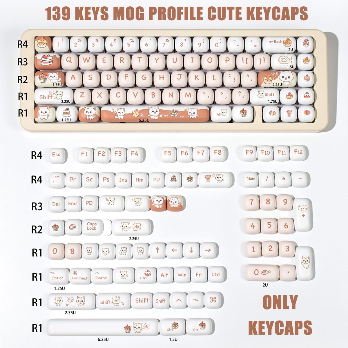 Sumgsn PBT Cute Cat Keycaps, Red MOG Profile Keycap, 139 Keys Rounded Custom Keycap Set for Mx Cherry Mechanical Keyboard 60 75 100 Percent (Light red)