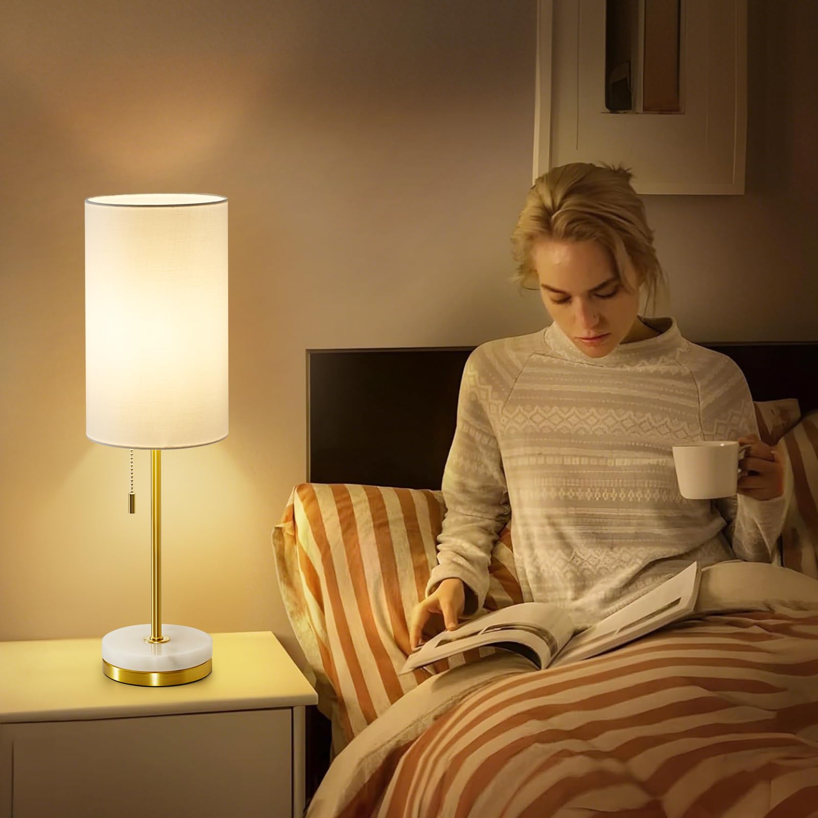 GyroVu Nachttischlampen im 2er-Set, minimalistische Tischlampe mit Zugkette, moderne Nachttischlampe mit Marmorfuß, goldene Tischlampe für Schlafzimmer, Wohnzimmer, Büro