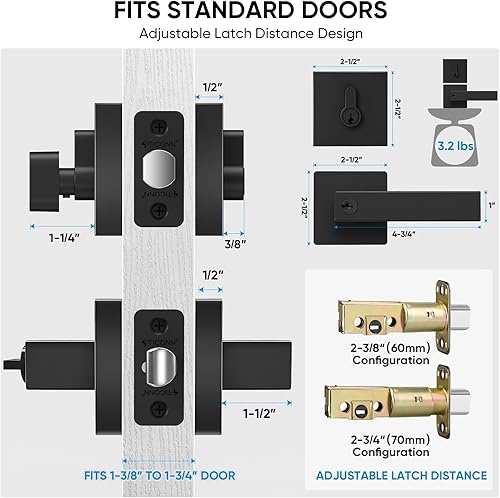 Miniatura 10 de TICONN Juego de manijas de puerta con cerrojo de seguridad, manija de puerta cuadrada reversible resistente con cerrojo muerto para entrada, salida
