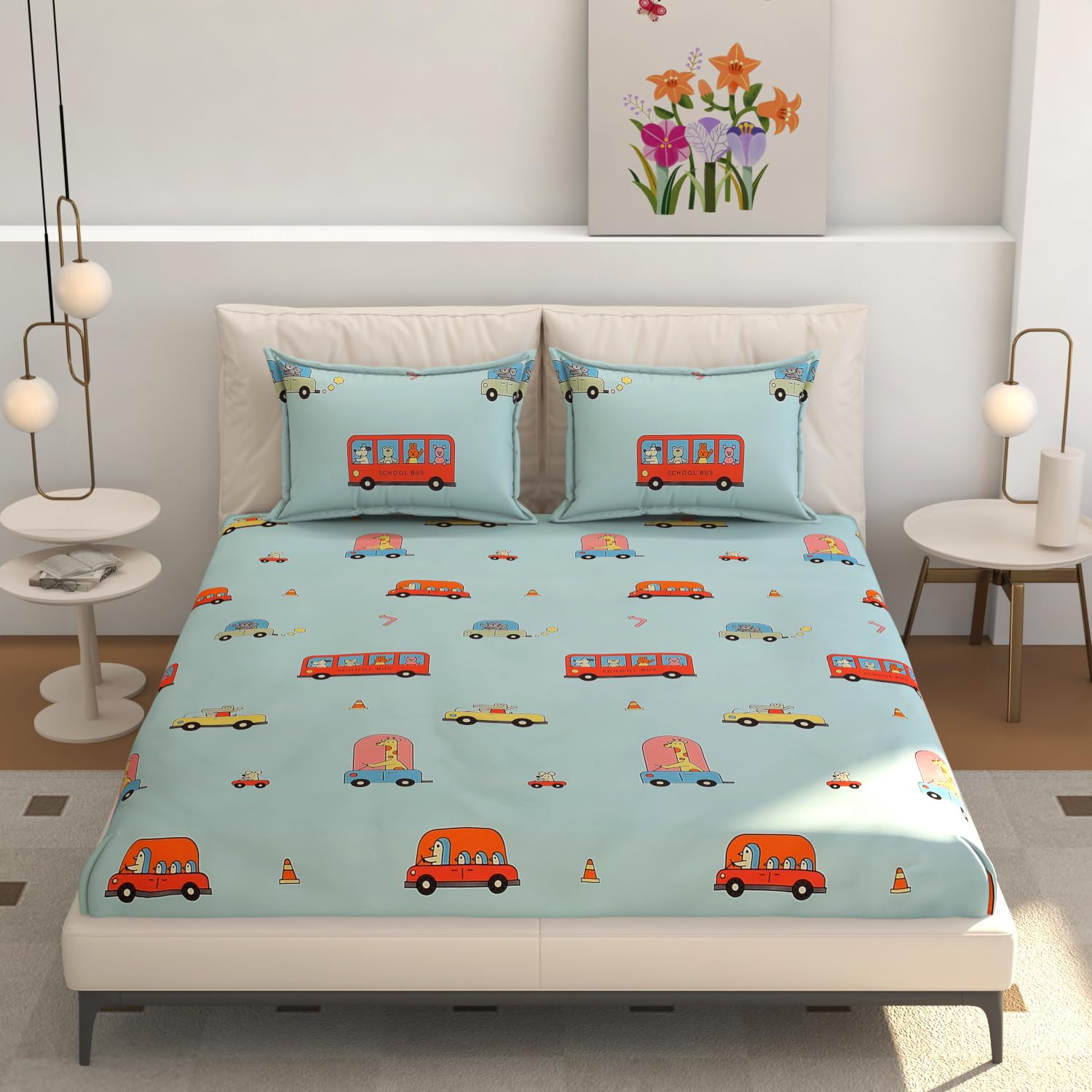 Premium 220 Tc Printed Flat bedsheet for Double Bed King Size Cotton with Two Large Pillow Covers (Size 90 * 100 Inches) D6